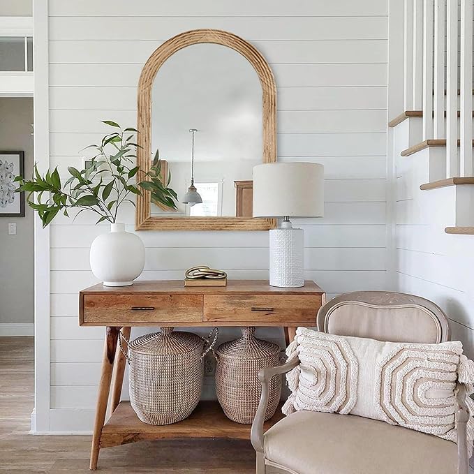 LOSOUR Arched Mirror, Farmhouse Decor Solid Wood Frame Wall Mirror, Bathroom Mirrors, Large Vintage Mirror for Bathroom, Living Room,Bedroom, Entryway, Hallway,Foyer (Brown, 36" L x 24" W)