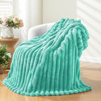 NEWCOSPLAY Super Soft Queen Blanket Aqua Premium Silky Flannel Fleece 3D Ribbed Jacquard Lightweight Bed Blanket All Season Use (Aqua Ribbed, Queen(90"x90"))