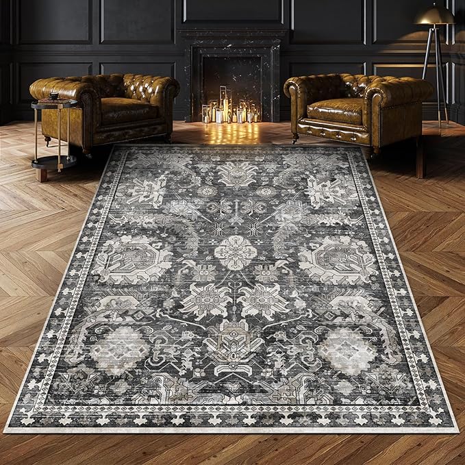 RUGSURE Washable Area Rugs - Perfect for Living Room, Bedroom, Kids Room, Nursery - Stain & Water Resistant Non-Slip, Pet & Child Friendly, Vintage Tribal Area Rugs (Grey, 3' x 5 ')