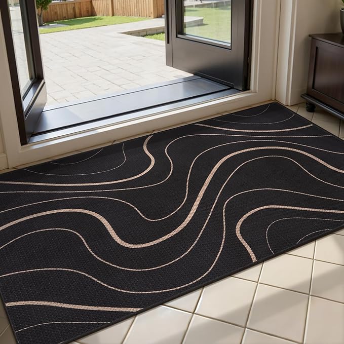 Tangsoo Easy Jute 2x4 Small Throw Rug for Entry,Washable Thin Indoor Outdoor Mat,Black Lines Non-Slip Floor Small Modern Carpet for Entryway Kitchen Hallway Bedroom Front Porch