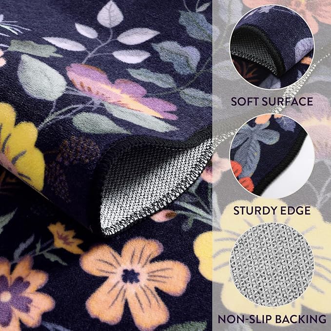 Lahome Floral Washable Rugs for Bedroom, 4X6 Area Rug Ultra-Thin Soft Living Room Rug, Non-Slip Classroom Rug Stain Resistant Boho Low-Pile Throw Carpet for ‎Office Flore (4x6ft,Purple)