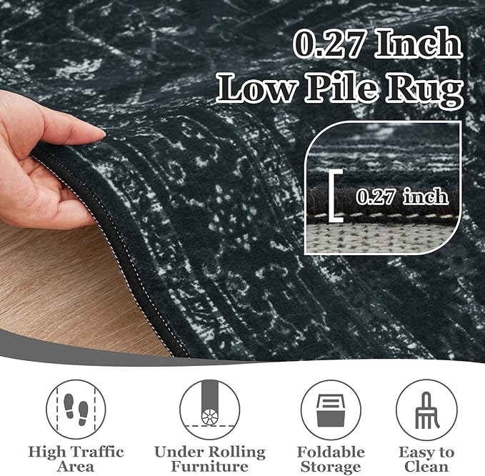 Round Rugs 4ft Black White, Low Pile Thin Washable Non Slip Small Circle Rug for Entryway Kitchen Dining Room, Tranditional Medallion Round Carpet for Bedroom Living Room