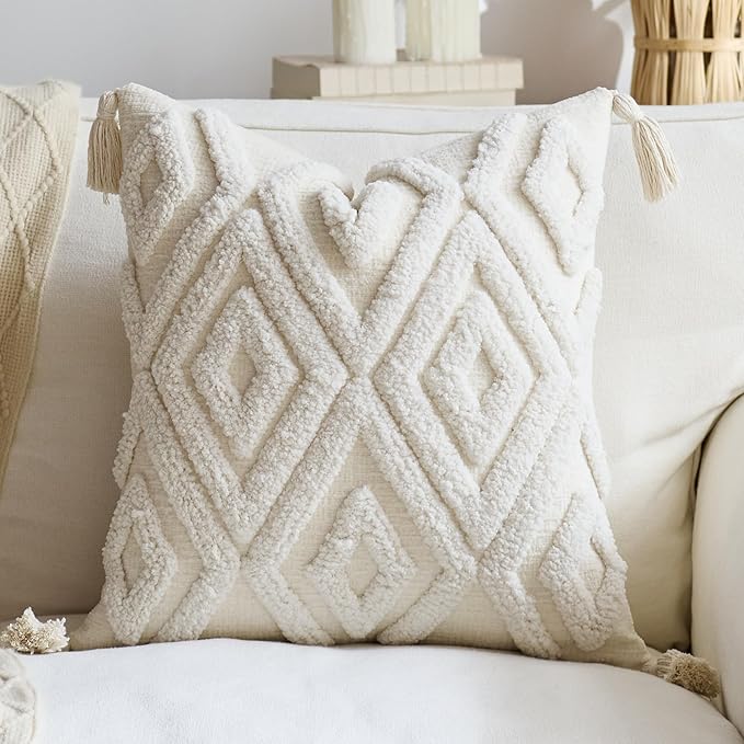 Boho Chic Woven Throw Pillow Covers 1PC, 18x18 Inch Tufted Decorative Pillowcases with Tassels for Elevating Couch, Sofa & Living Room Aesthetic (White, 18" x 18" (Pack of 1))