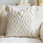 Boho Chic Woven Throw Pillow Covers 1PC, 18x18 Inch Tufted Decorative Pillowcases with Tassels for Elevating Couch, Sofa & Living Room Aesthetic (White, 18" x 18" (Pack of 1))