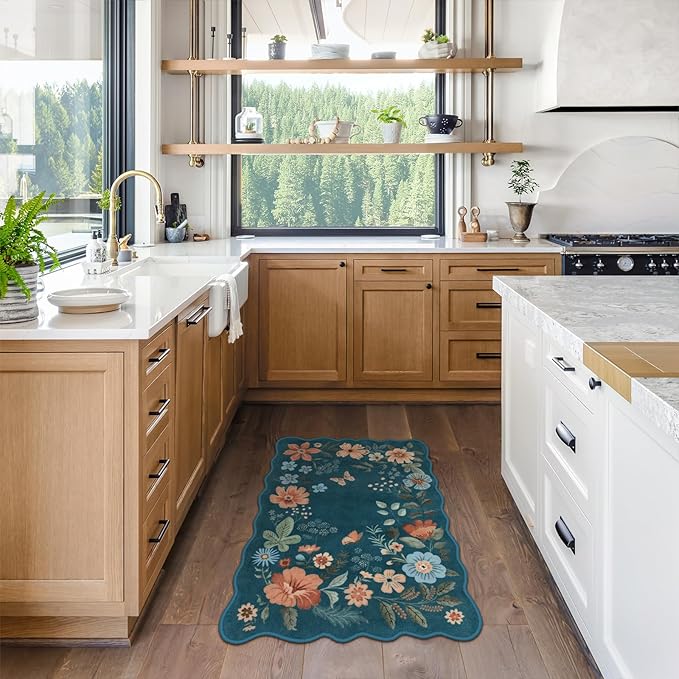 Lahome Floral Washable Entryway Rug, 2X3 Soft Kitchen Rugs Non-Slip, Ultra-Thin Door Mat Indoor Entrance Stain Resistant Boho Small Throw Carpet for Bathroom Bedroom Entry Flore, Navy Blue