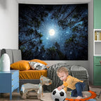 Forest Galaxy Starry Tapestry for Bedroom Ceiling, Blue Space Night Starry Sky Moon Stars Tapestry Aesthetic, Tree Forest Milky Way Backdrop Wall Hanging for Dorm Living Room Decor (51" X 60")