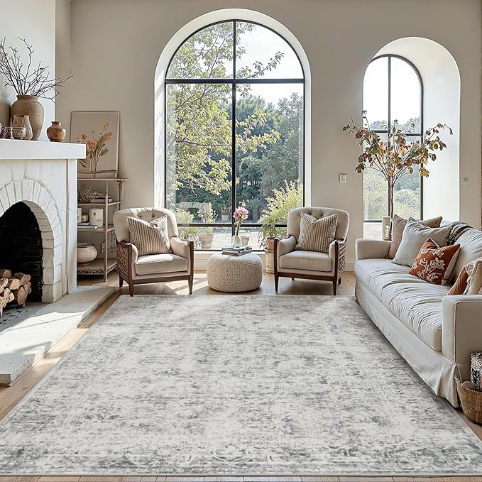 8x10 Area Rugs for Living Room, Large Washable Rug, Grey Vintage Abstract Boho Rug, Non Slip & Low Pile Faux Wool Carpet for Indoor Dining Room, Farmhouse and Bedroom(Grey 8x10ft)