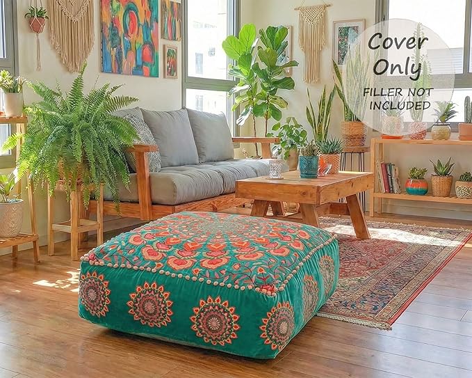 Mandala Life ART Turquoise Velvet Pouf Cover - Soft Sqare Floor Pillow - Embroidered Ottoman Slipcovern, 24x24x8 Inches, Ideal for Living Room, Bedroom, or Meditation Space - Cushion