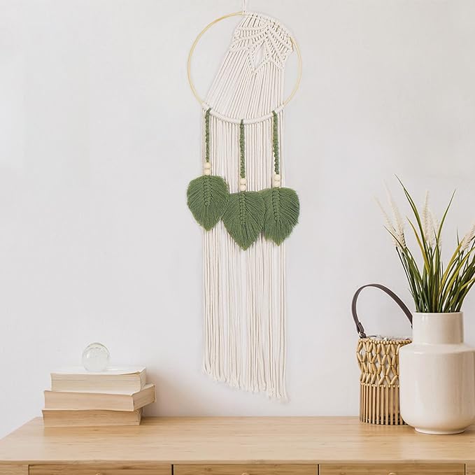 LB Boho Leaf Small Macrame Wall Hanging Green and Beige Hand Woven Cotton Tapestry Wall Art with Wood beads Modern Aesthetic Wall Decor for Home, Bedroom, Living Room