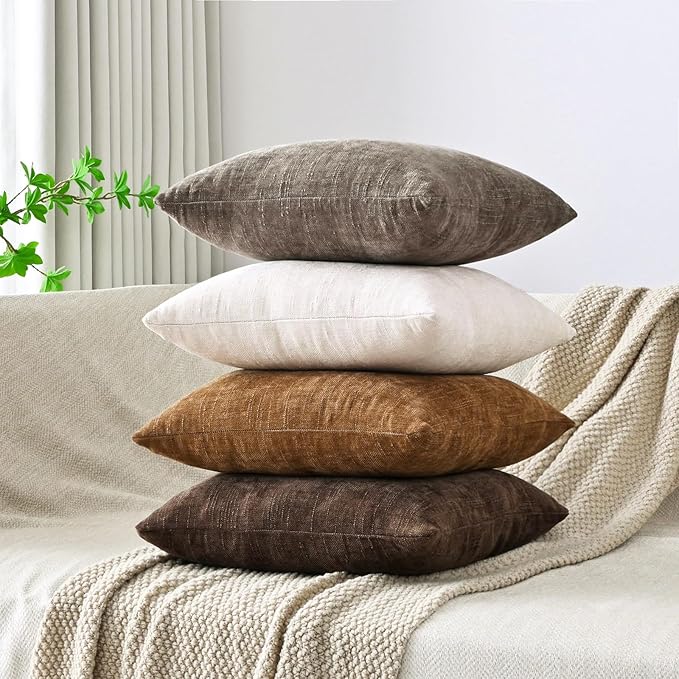 Set of 4 Soft Textured Decorative Throw Pillow Covers 18x18 Inch Cozy Farmhouse Cushion Cover Square Accent Pillow Cases for Bed Couch Sofa Living Room, Beige Taupe Brown