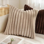 decorUhome Cozy Faux Fur Throw Pillow Covers 12x20 Set of 2 Decorative Soft Plush Striped Lumbar Modern Farmhouse Boho Couch Pillow Cases with Velvet Back for Sofa Bed Living Room, Khaki Brown