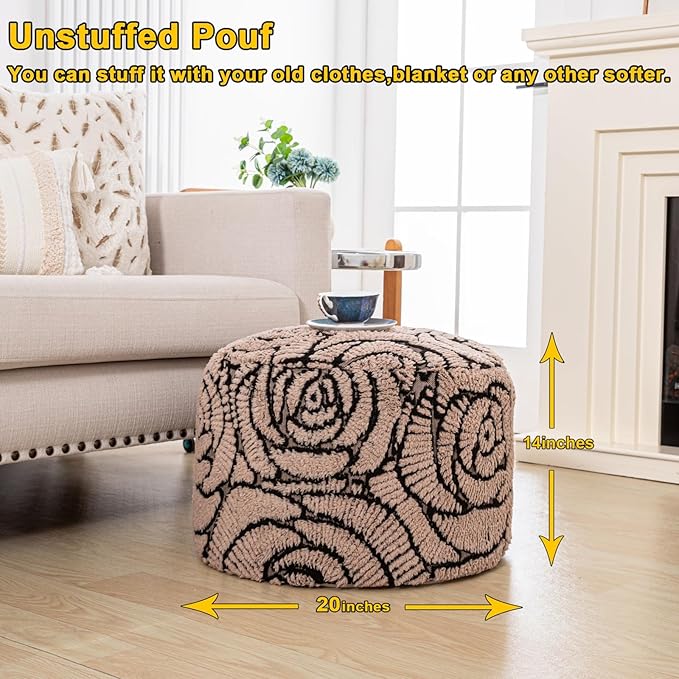 Asuprui Fluffy Flower Pouf Ottoman Cover Only – 20"x14" Round Plush Fuzzy Pouf Shell for Footrest, Stool or Floor Seat, Soft Removable Home Decor (No Insert Included) (Coffee)