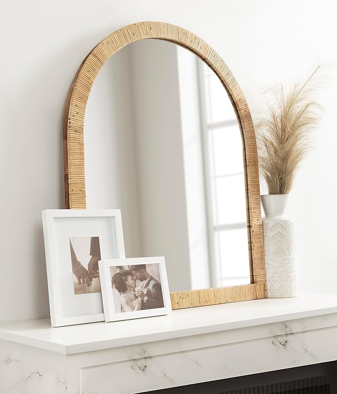 Kate and Laurel Rahfy Boho Arch Rattan Wall Mirror; 28 x 32; Natural Wood; Decorative Wooden Mirror with Authentic Rattan Frame for Bathroom Vanity Mirror