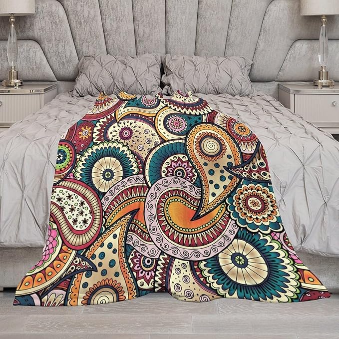 Indian Boho Throw Blanket Mandala Design Colorful Bohemian Floral Paisley Blanket for Sofa Bed Couch Chair Or Dorm 50"x60"