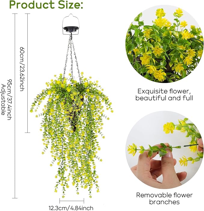 Solar Artificial Flowers Hanging Basket: UV-Resistant Fake Plants Hanging Basket with RGB String Lights for Outdoor Planters - 2 Pack Cone Faux Silk Fowers Basket for Porch Patio Home Garden Decor
