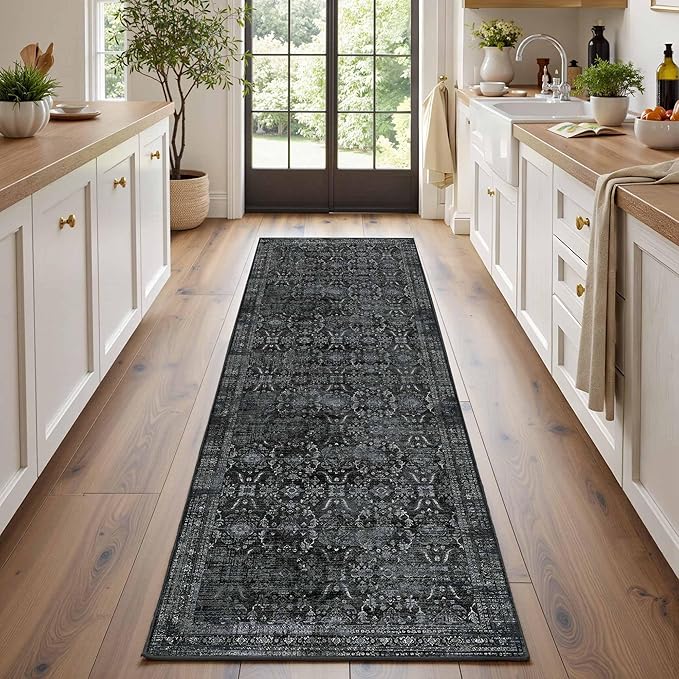 2x6 Runner Rug, Washable Kitchen Rugs, Black Boho Vintage Floral Hallway Runner, Non Slip Low Pile Area Rug Carpet for Indoor Hallway, Kitchen, Laundry Room and Bathroom(Black 2x6ft)