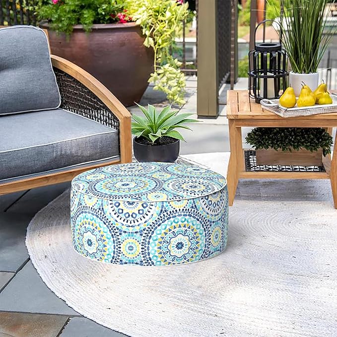 Indoor/Outdoor Inflatable Ottoman D21 x H9 inch, Round Footstool Inflatable Foot Rest Ottoman with Handle, Portable Ottomans Pouf for Patio, Garden, Camping, Home, Delancey Lagoon