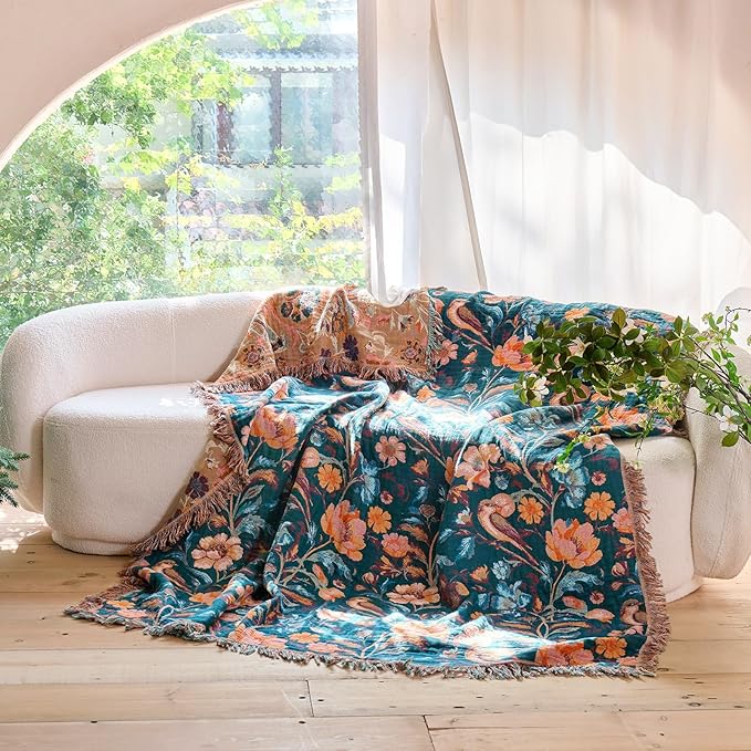 Boho Throw Blanket - 100% Cotton Ultra Soft Muslin Blanket, 60"x80" Lightweight Floral Bird Framhouse Bedding Spring Blanket for Bed, All Season Green Bohemian Bedroom Home Decor Quilt