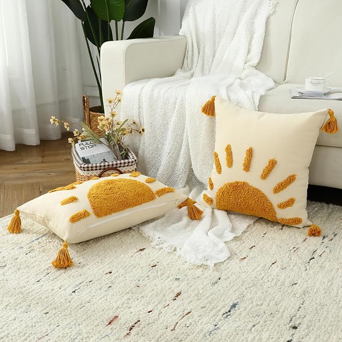 Boho Throw Pillow Covers 18x18, Woven Tufted Sun Decorative Pillow Covers with Tassels Moroccan Modern Pillowcase for Sofa Bedroom Living Room Home Decor, Yellow