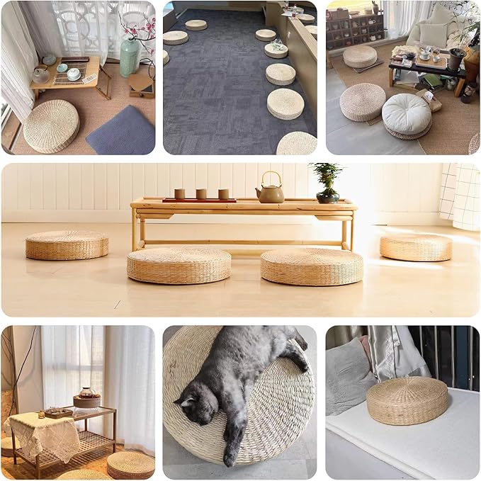 Round Woven Floor Pillow Natural Seat Cushion, Straw Flat Seat Cushion, Handmade Floor Pouf Mat, Ottoman Footstool for Meditation, Zen, Yoga Practice or Buddham (15.74" Dia. x 3.94" H)