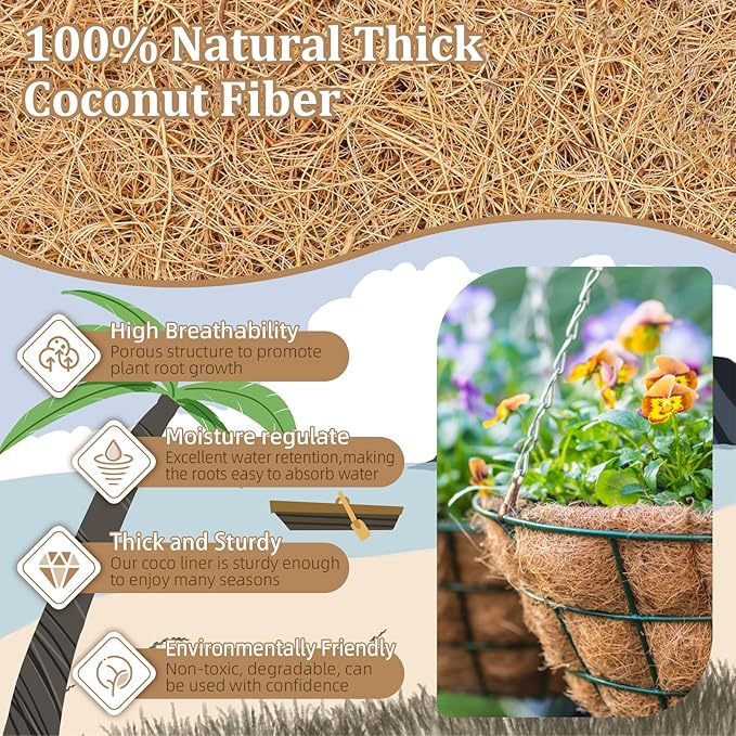 Legigo 4 Pack 14 Inch Hanging Basket Coco Liners Replacement, 100% Natural Round Coconut Coco Fiber Planter Basket Liners for Hanging Basket Flowers/Vegetables