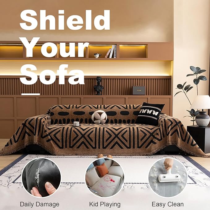 VClife Couch Cover Bohemian Morroccan Sofa Cover Washable Sofa Slipcover for 3-4 Cushion Couch Sofa Non Slip Soft Chenille Furniture Protector Modern Brown Black Slip Cover for Couch 71''x150''