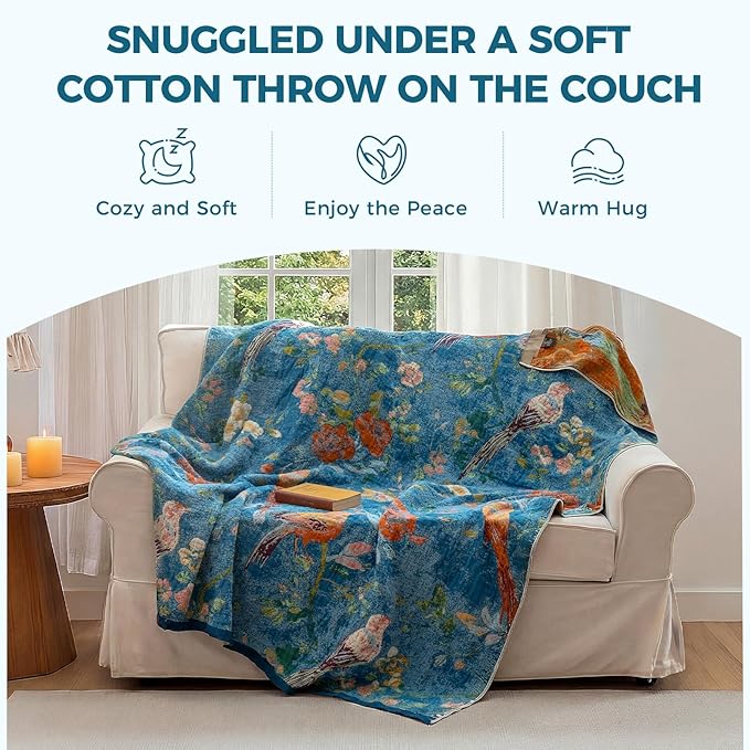 Boho Throw Blanket for Bed Cotton Spring Blankets for Bedroom Living Room Twin All Season Lightweight Floral Birds Embroidery Quilt for Couch Sofa Chair 60"x80"