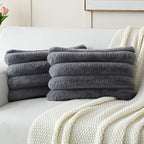 FUTEI Grey Decorative Throw Pillow Covers 12x20 Inch Set of 2, Square Soft Faux Rabbit Fur Thick Striped Lumbar Pillow Case,Spring Home Decor for Couch Bed Living Room