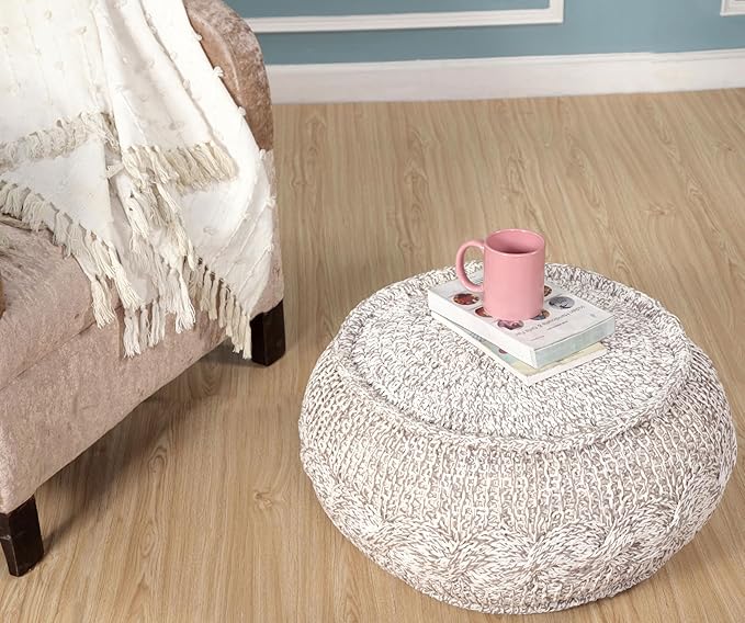 L. R. Resources, Inc. LR Home Beige/White Cable Knit Cotton Pouf for Home Decor | Hand Made Modern Foot Rest for Bedroom & Living Room Décor | 20 x 20 x 12 Stuffed Pouf for Seating