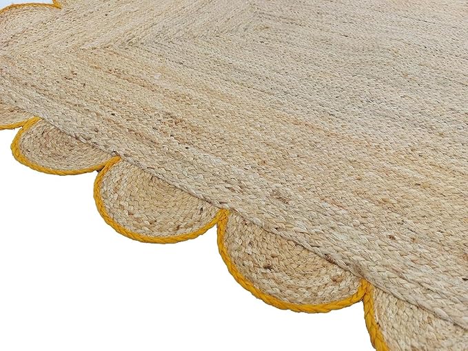 Weaving Cottage Scalloped Natural Jute Area Rug | Beige & Yellow, 2X3 FT Handwoven Jute Doormat | Eco-Friendly, Durable, and Stylish | Perfect for Living Room, Bedroom, and Entryway