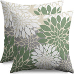 Sage Green White Grey Gray Pillow Covers 24X24 Inch Set of 2, Modern Dahlia Floral Print Decorative Throw Pillow Covers Outdoor Farmhouse Cushion Case for Home Couch Sofa Bed Decoration