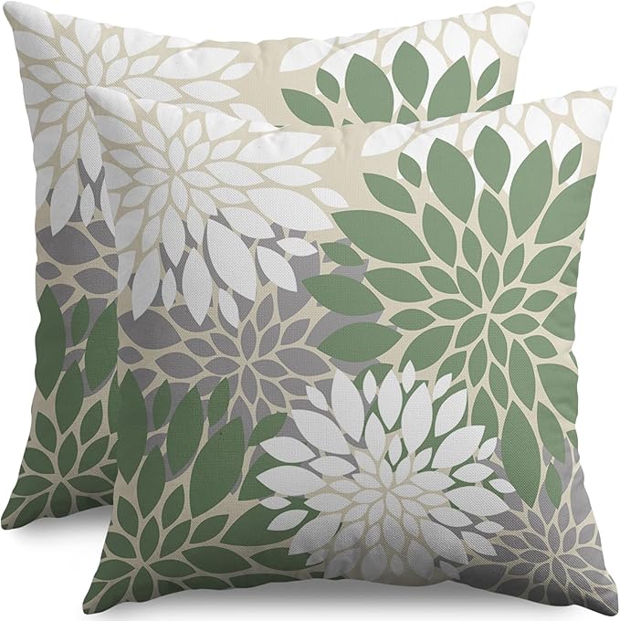Sage Green White Grey Gray Pillow Covers 16X16 Inch Set of 2, Spring Modern Geometry Dahlia Floral Print Decorative Throw Pillow Covers Outdoor Farmhouse Cushion Case for Couch Sofa Bed Decor