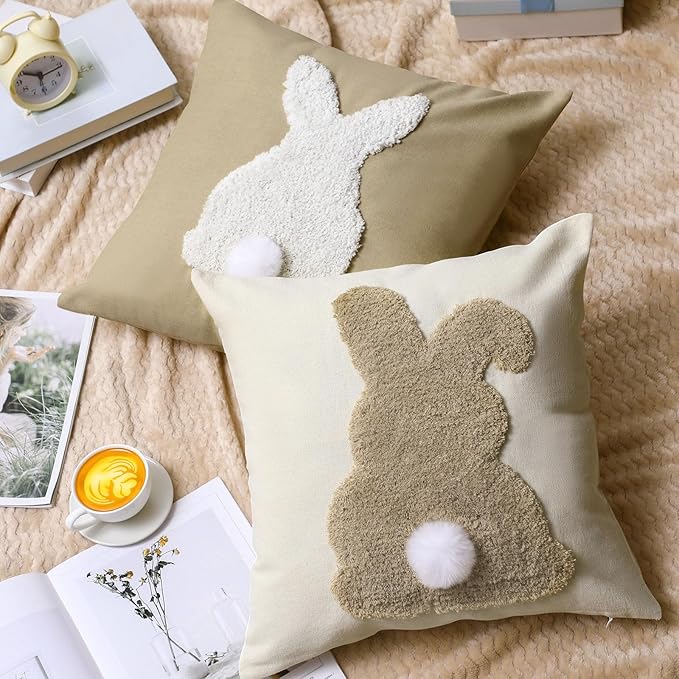 Tufting Easter Pillow Covers 18" x 18" Set of 2 Bunny Pillow Covers 3D Tufted Bunny Rabbit Throw Pillowcase Easter Decorative for Bedroom Sofa Home Decor(Beige,Linen)