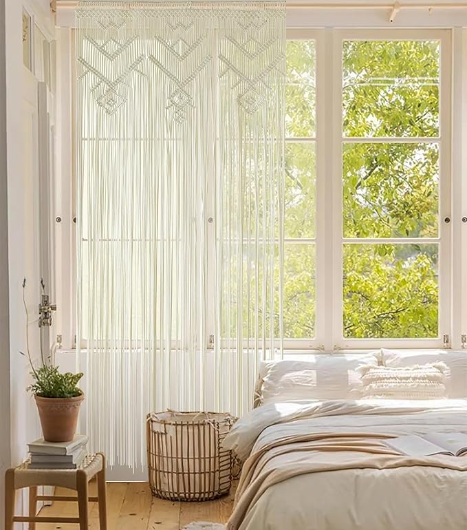 IOWER Macrame Wall Hanging Ivory Handmade Window Curtain Boho Geometric Curtains Woven Panel for Windows Door Curtains Room Divider Soft Light Filtering 35" W x 70" L Décor