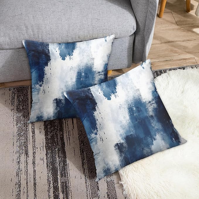 Britimes Throw Pillow Covers Modern Home Art Decor, 18 x 18 Inches Set of 2 Abstract Oil Painting Pillowcases for Bedroom, Living Room, Cushion Couch Sofa, Abstract White Navy Blue