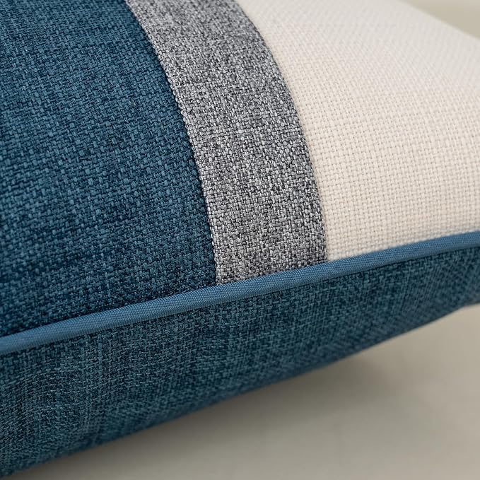 Yangest Patchwork Pillow Cover 24x24 Inch Luxury Cotton and Linen Cushion Cover Square Pillowcover for Couch Bedroom Living Room, Blue