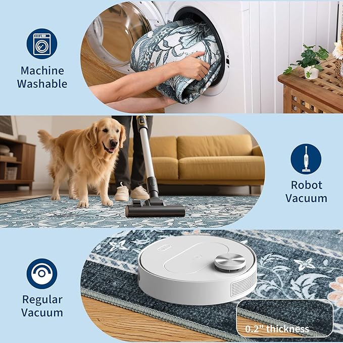 GarveeHome Provence Misty Blue 3x5 Rug Washable Non-Slip Low-Pile Indoor Rugs for Entryway Botanical Grove Vintage Boho Cottage Throw Carpet for Kitchen Bedroom Living Room Bathroom Mat