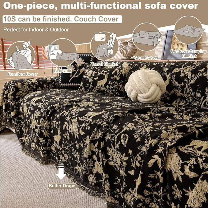 ROOMLIFE Black Couch Cover Sofa Covers, Chenille Couches Covers for 3 Cushion Sofas, Non Slip Soft Breathable Sofa Slipcovers for Pet, Washable Furniture Protector with Tassel,71''X134”