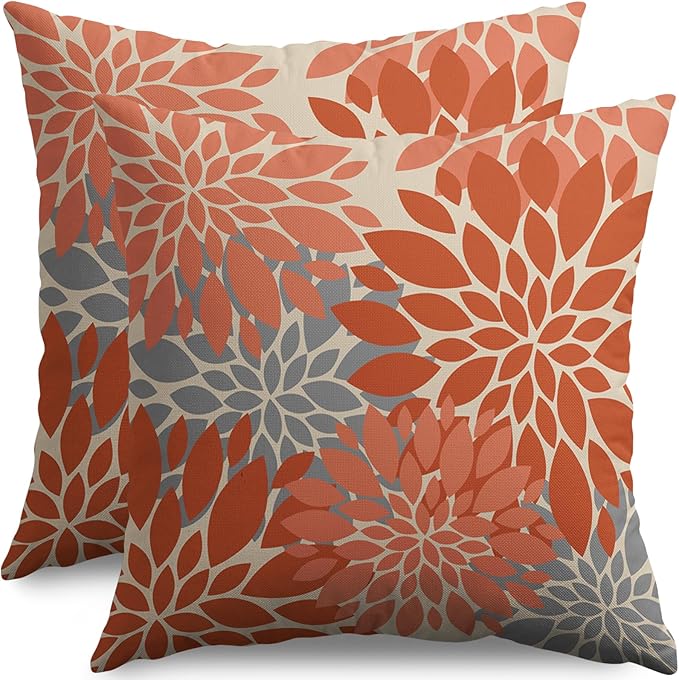 Orange Grey Gray Pillow Covers 22X22 Inch Set of 2, Modern Dahlia Floral Print Decorative Throw Pillow Covers Outdoor Farmhouse Cushion Case for Home Couch Sofa Bed Decoration