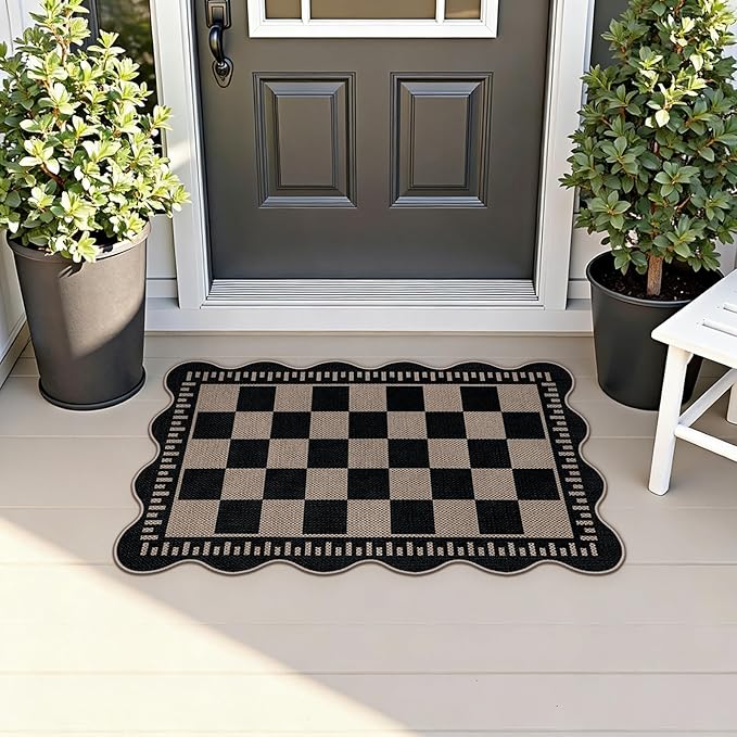 Checkered Easy Jute Entryway Rug, 2x3 Washable Non Slip Kitchen Rug, Indoor Outdoor Door Mat, Farmhouse Low Pile Floor Black Rugs for Porch Doorway