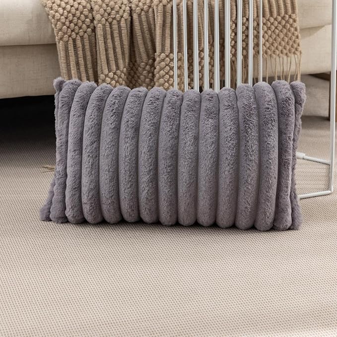 ZLINA Set of 2 Dark Grey Faux Fur Decorative Throw Pillow Covers Fluffy Striped Pillowcase Cushion Covers 12 x 20 Inch Decor Sofa Couch Bedroom