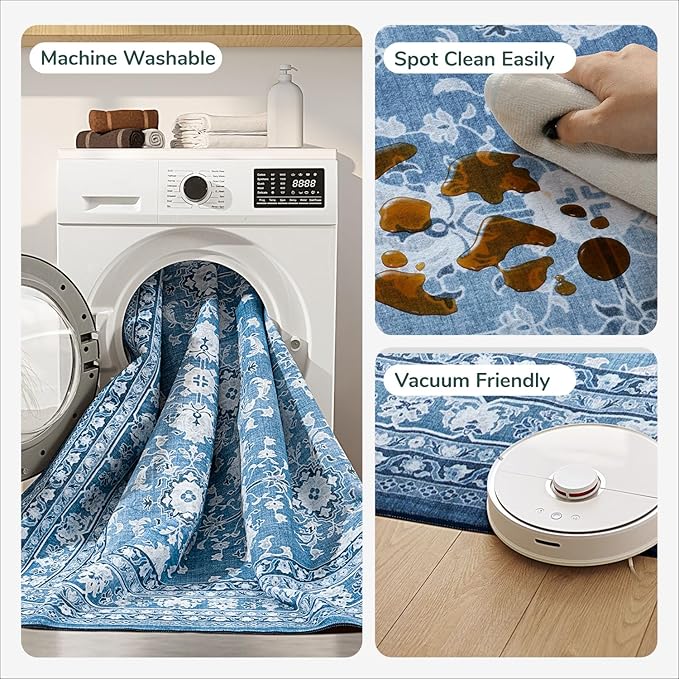 Lessymo 5x7 Area Rugs for Living Room, Machine Washable Non Slip Rug, Soft Low Pile Carpet for Bedroom Dining Home Office, Vintage Blue/White Distressed Floral Floor Mat