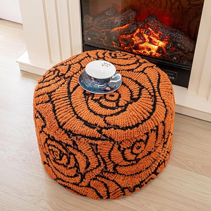 Asuprui Fluffy Flower Pouf Ottoman Cover Only – 20"x14" Round Plush Fuzzy Pouf Shell for Footrest, Stool or Floor Seat, Soft Removable Home Decor (No Insert Included) (Burnt Orange)