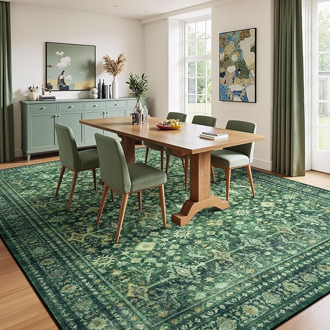 Lessymo Washable Area Rug for Living Room,8x10 Green Large Rugs with Non-Slip Backing,Soft Boho Carpets for Bedroom Dining Room Nursery Home Office
