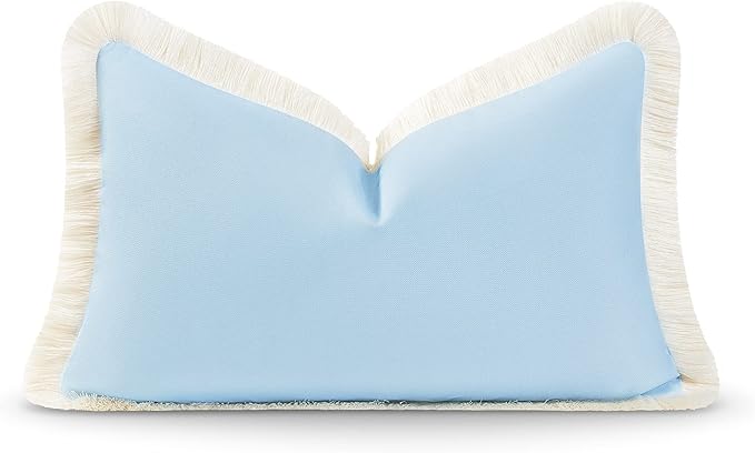 Hofdeco Premium Coastal Hampton Style Patio Indoor Outdoor Lumbar Pillow Cover Only, 12"x20" Water Resistant for Backyard, Couch, Solid Baby Blue Fringe