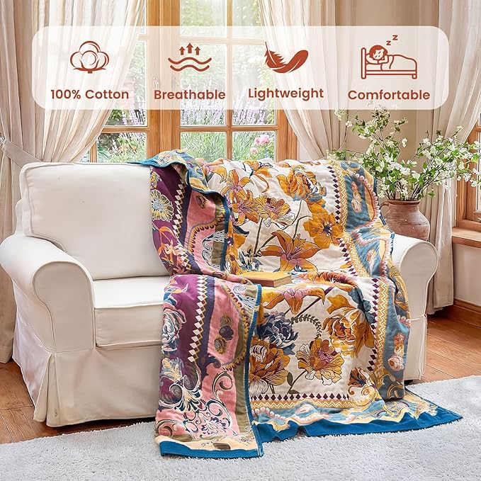 MSGKV Boho Throw Blanket 60"x80" Bed Floral 100% Cotton Blanket Spring Breathable Lightweight Twin Couch Blankets All Seasons Home Decor Muslin