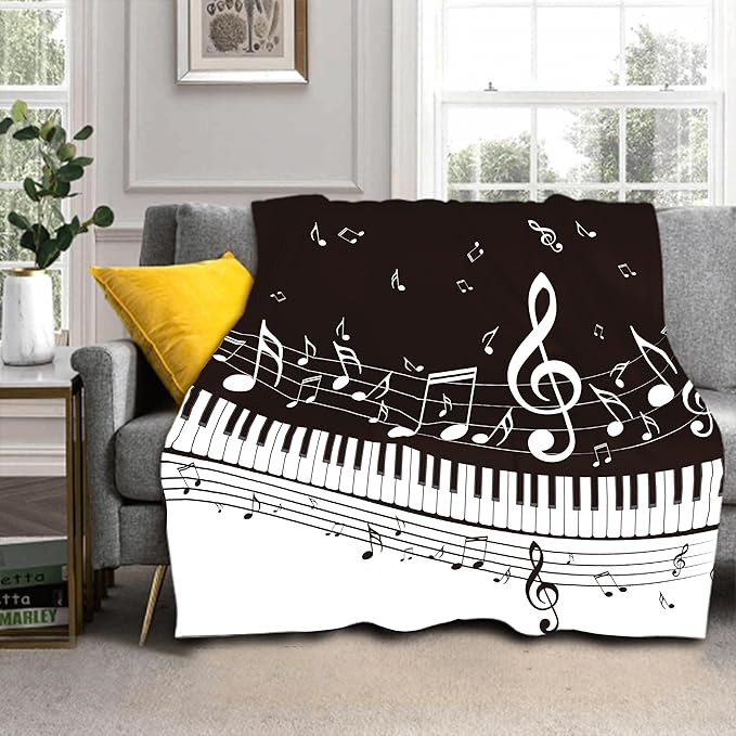 Music Blanket Soft Flannel Lightweight Abstract Piano Black White Throw Blanket Cozy Warm Blankets All Seasons Living Room Decor for Music Lovers Use On Couch Bed Sofa Office 50x60 inch