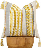 AmHoo Chenille Striped Textured Boho Throw Pillow Covers Aesthetic with Tassels Woven Decorative Pillow Case for Couch Bed Sofa Bedroom Modern Funky 18 x 18-Inch Yellow