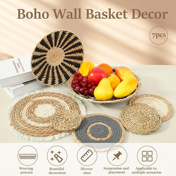 7 Pack Boho Wall Basket Decor Set, Hanging Woven Seagrass Rattan Wicker Boho Wall Decor, Round Farmhouse Wall Hanging Baskets Rustic Flat Wall Art for Living Room Bedroom Kitchen