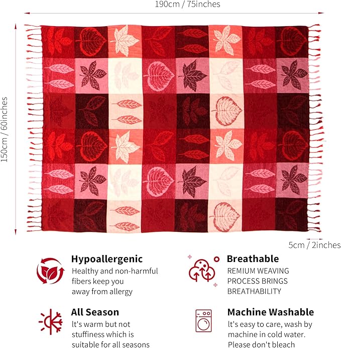 Bohemian Chenille Jacquard Tassel Throws - Reversible Red&Pink Maple Leaf Design for Boho Hippie Vibes - Oversized Blankets for Large Couch, Furniture, Sofa, Chair…